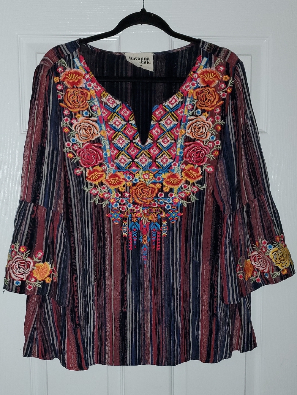 Savanna Jane Striped Boho Tunic with Colorful Floral Embroidery Size 2X - Picture 1 of 8